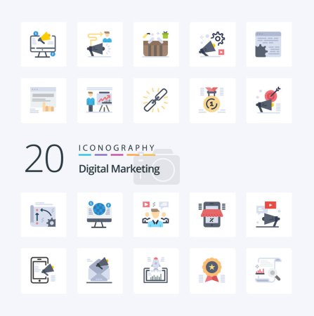 Illustration for 20 Digital Marketing Flat Color icon Pack like shop mobile social media group chat - Royalty Free Image