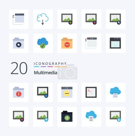 Illustration for 20 Multimedia Flat Color icon Pack like cloud apps mac print cloud - Royalty Free Image