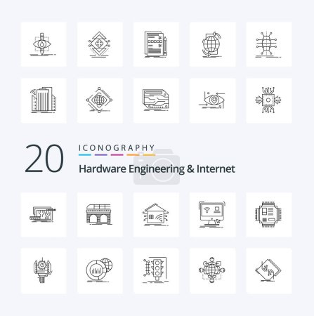 Illustration for 20 Hardware Engineering And Internet Line icon Pack like monitor control train network house - Royalty Free Image