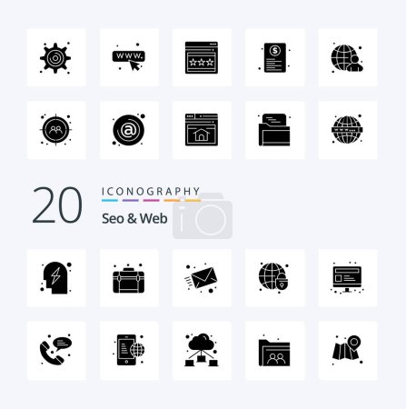 Téléchargez les illustrations : 20 Seo Web Solid Glyph icône Pack comme seo globe email globe verrouiller la sécurité mondiale - en licence libre de droit