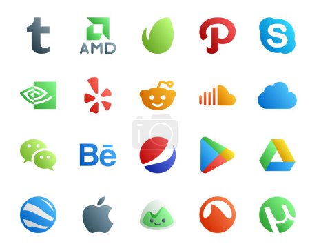 Ilustración de 20 Paquete de iconos de redes sociales Incluyendo Google Play. ¡Behance! reddit. mensajero. icloud - Imagen libre de derechos