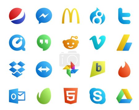 Ilustración de 20 Paquete de iconos de redes sociales incluyendo yesca. foto. reddit. teamviewer. anuncios - Imagen libre de derechos