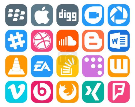 Illustration for 20 Social Media Icon Pack Including ea. player. soundcloud. media. word - Royalty Free Image