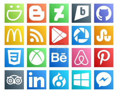 Illustration for 20 Social Media Icon Pack Including travel. pinterest. apps. air bnb. xbox - Royalty Free Image