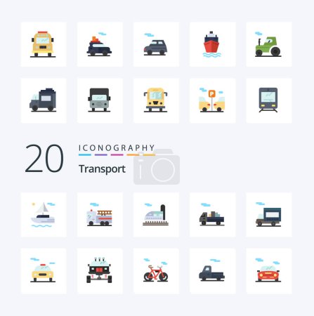 Illustration for 20 Transport Flat Color icon Pack like electric vehicle tunnel van transport - Royalty Free Image