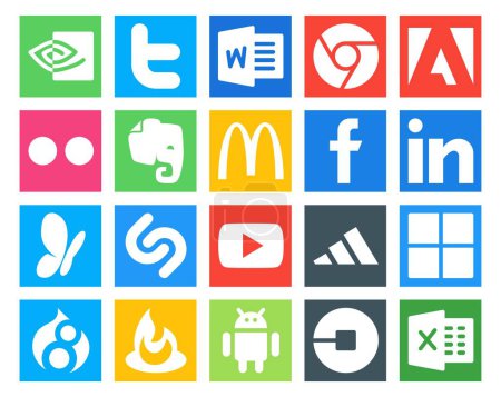 Ilustración de 20 Paquete de iconos de redes sociales incluyendo drupal. adidas. McDonald 's. Vídeo. shazam - Imagen libre de derechos