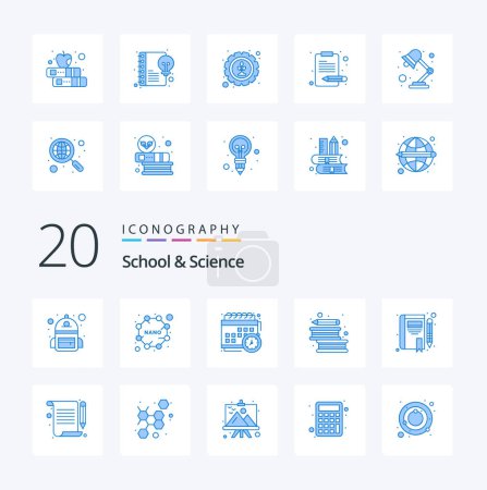 Illustration for 20 School And Science Blue Color icon Pack like story pen calendar literature books - Royalty Free Image
