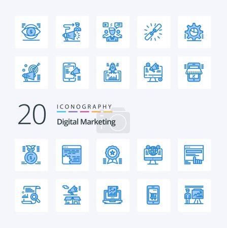 Illustration for 20 Digital Marketing Blue Color icon Pack like computer website setting ribbon badge - Royalty Free Image
