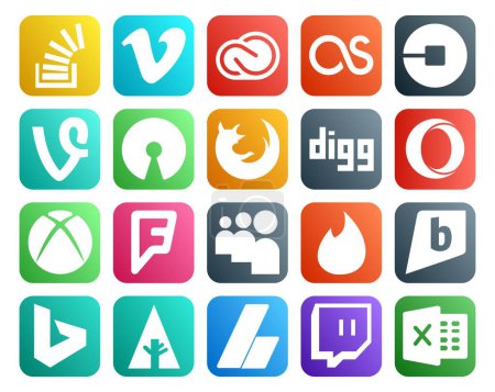 Illustration for 20 Social Media Icon Pack Including digg. firefox. adobe. open source. driver - Royalty Free Image