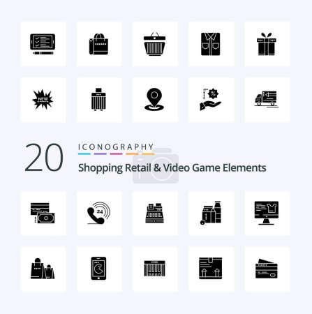 Ilustración de 20 Compras minoristas y elementos de videojuegos Icono de glifo sólido Pack como monitor caja de compras de impresión de computadora - Imagen libre de derechos