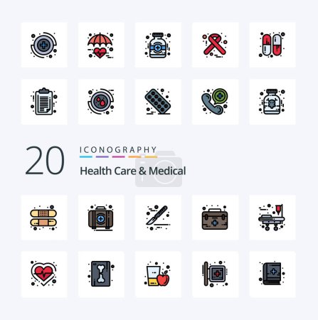 Téléchargez les illustrations : 20 soins de santé et ligne médicale rempli couleur icône Pack comme équipement médical boîte médicale premiers soins - en licence libre de droit