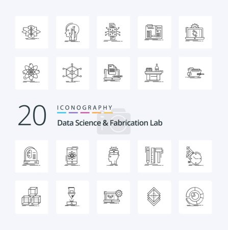 Téléchargez les illustrations : 20 Data Science And Fabrication Lab Line icône Pack comme tête de partage de recherche de conception numérique - en licence libre de droit