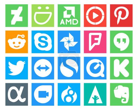 Ilustración de 20 Paquete de iconos de redes sociales incluyendo kickstarter. simple. charla. teamviewer. twitter - Imagen libre de derechos