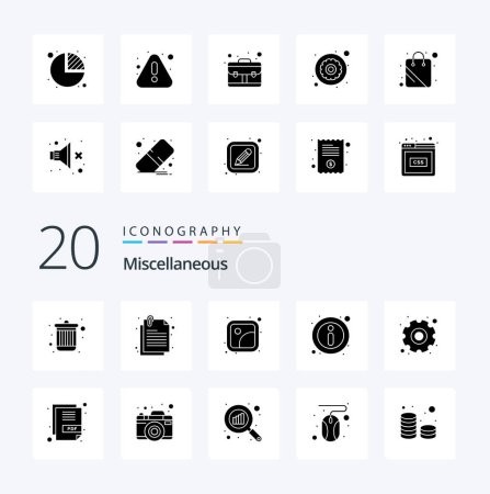 Illustration for 20 Miscellaneous Solid Glyph icon Pack like settings gallery information about - Royalty Free Image