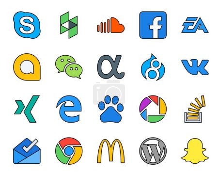Ilustración de 20 Paquete de iconos de redes sociales Incluyendo borde. vk. ea. drupal. mensajero - Imagen libre de derechos