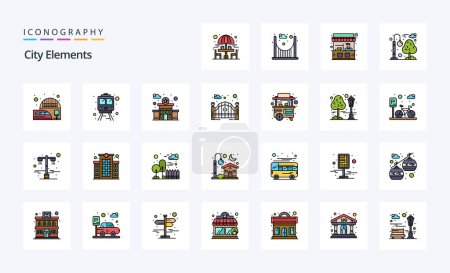 Téléchargez les illustrations : Pack icône 25 City Elements Line Filled Style - en licence libre de droit
