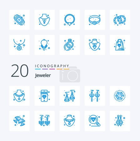 Illustration for 20 Jewellery Blue Color icon Pack like cufflink wedding jewelry ring diamond - Royalty Free Image
