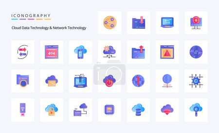 Téléchargez les illustrations : 25 Technologie de données Cloud et technologie réseau Pack d'icônes couleur plate - en licence libre de droit