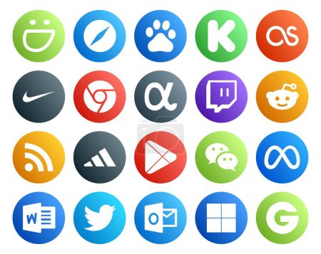 Illustration for 20 Social Media Icon Pack Including meta. wechat. app net. apps. adidas - Royalty Free Image