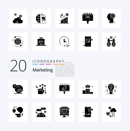Téléchargez les illustrations : 20 Marketing Solid Glyph icon Pack comme contenu cerveau annonce position couronne - en licence libre de droit