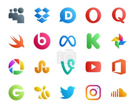 Illustration for 20 Social Media Icon Pack Including office. youtube. meta. vine. picasa - Royalty Free Image