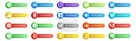 Illustration for 20 Social Media Follow Button. Username and place for text like cms. open source. google analytics. chrome. vimeo - Royalty Free Image
