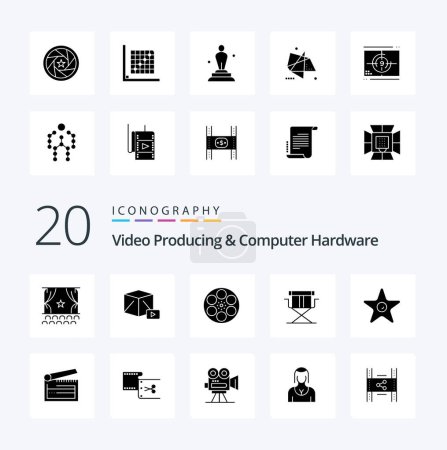 Illustration for 20 Video Producing And Computer Hardware Solid Glyph icon Pack like foldable director box chair tank - Royalty Free Image
