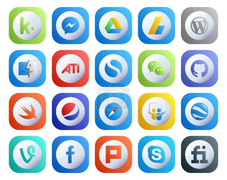 Téléchargez les illustrations : 20 Pack d'icônes pour les médias sociaux incluant le partage de diapositives. safari. Oui. pepsi. github - en licence libre de droit