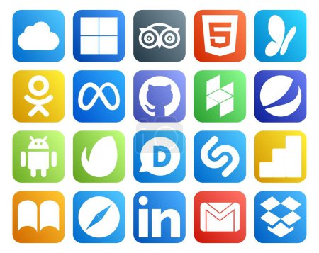 Téléchargez les illustrations : 20 Pack d'icônes de médias sociaux, y compris les ibooks. shazam. facebook. des disques. androïde - en licence libre de droit