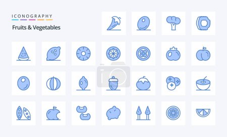 Téléchargez les illustrations : 25 Fruits Légumes Emballage icône bleue - en licence libre de droit