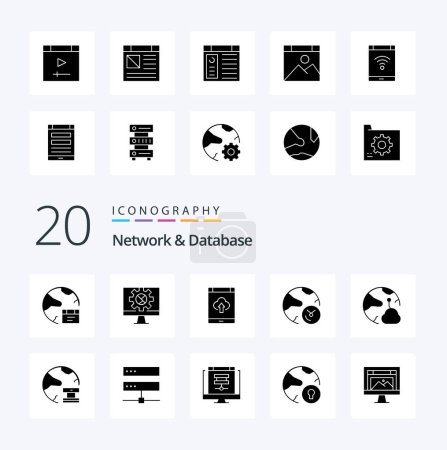 Illustration for 20 Network And Database Solid Glyph icon Pack like information analysis setting upload smartphone - Royalty Free Image