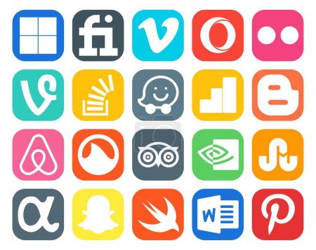 Ilustración de 20 Paquete de iconos de redes sociales Incluyendo viajes. grooveshark. pregunta. aire bnb. análisis de Google - Imagen libre de derechos