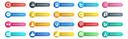 Illustration for 20 Social Media Follow Button. Username and place for text like bing. dropbox. rss. player. vlc - Royalty Free Image
