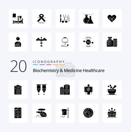 Téléchargez les illustrations : 20 Biochimie et médecine Soins de santé Icône de glyphe solide Pack comme les soins aux patients transfusés à l'hôpital - en licence libre de droit