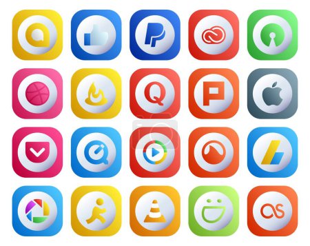 Illustration for 20 Social Media Icon Pack Including grooveshark. windows media player. feedburner. quicktime. apple - Royalty Free Image