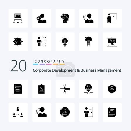 Téléchargez les illustrations : 20 Corporate Development And Business Management Solid Glyph icon Pack. comme une clé. Clé. application. tournevis. paramètres - en licence libre de droit