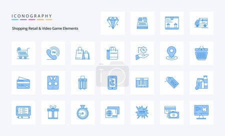 Téléchargez les illustrations : 25 Éléments de jeu vidéo et de vente au détail Shoping Pack icône bleue - en licence libre de droit