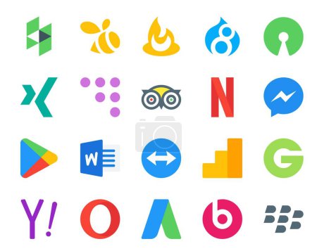 Ilustración de 20 Paquete de iconos de redes sociales Incluyendo yahoo. google analytics. Viajar. teamviewer. aplicaciones - Imagen libre de derechos