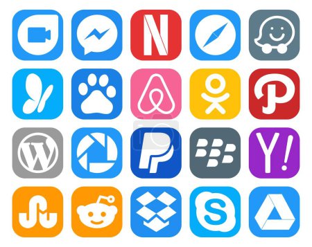 Téléchargez les illustrations : 20 Pack d'icônes pour les médias sociaux Y compris la recherche. blackberry. air bnb. paypal. cms - en licence libre de droit