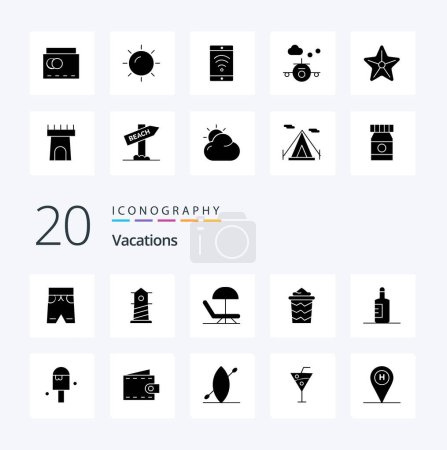 Ilustración de 20 Vacaciones Solid Glyph icono Pack como balde de vacaciones casa paraguas de playa - Imagen libre de derechos