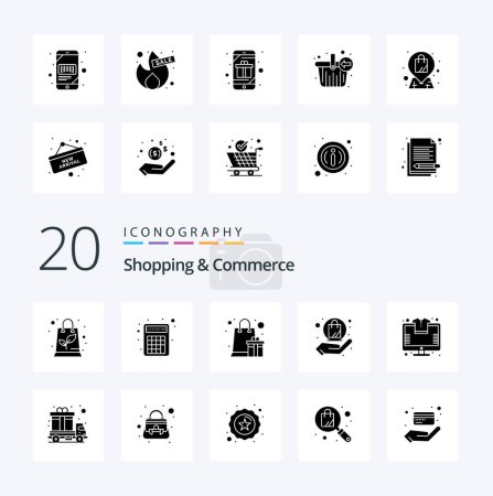 Téléchargez les illustrations : 20 Shopping et commerce Solid Glyph icône Pack comme magasin en ligne coeur cadeau main shopping - en licence libre de droit