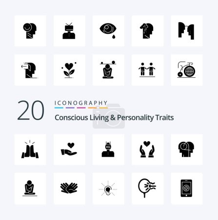 Illustration for 20 Concious Living And Personality Traits Solid Glyph icon Pack like heart compassion love care stress - Royalty Free Image
