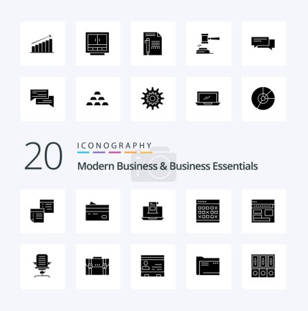 Ilustración de 20 Paquete de iconos de glifos sólidos de Business And Business Essentials. como e-mail. Correo electrónico. Banca. De compras. financiación - Imagen libre de derechos