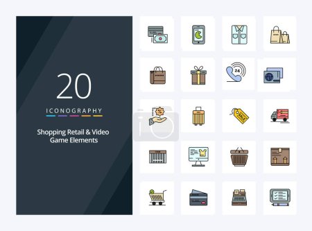 Téléchargez les illustrations : Ligne de 20 éléments de jeu vidéo et de vente au détail remplis icône pour la présentation - en licence libre de droit