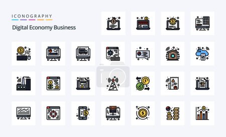 Téléchargez les illustrations : 25 Digital Economy Business Line Pack icône de style rempli - en licence libre de droit