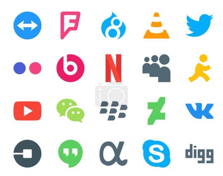 Illustration for 20 Social Media Icon Pack Including blackberry. wechat. flickr. video. aim - Royalty Free Image