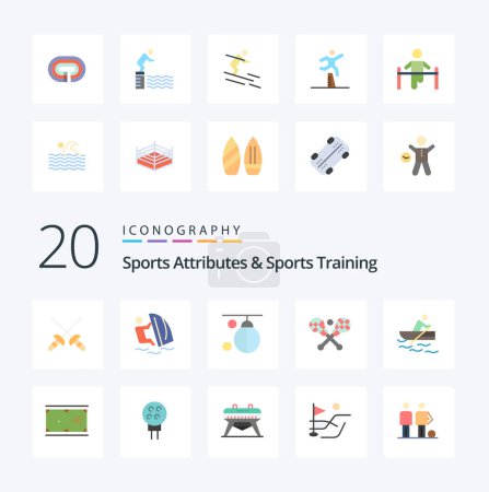 Ilustración de 20 Atributos deportivos y entrenamiento deportivo Icono de color plano Paquete como bolsa de palo de barco entrenamiento lacrosse - Imagen libre de derechos