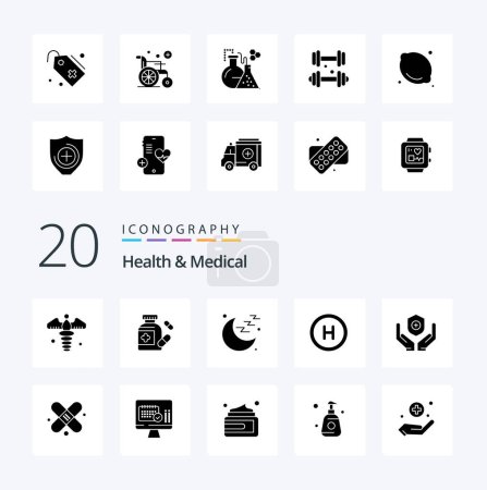Illustration for 20 Health And Medical Solid Glyph icon Pack like bandage shield moon medicine sign - Royalty Free Image