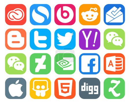 Ilustración de 20 Paquete de iconos de redes sociales que incluye acceso microsoft. nvidia. twitter. deviantart. wechat - Imagen libre de derechos