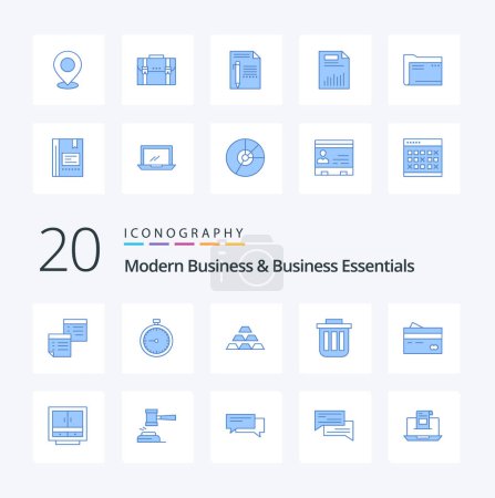 Ilustración de 20 negocios modernos y esenciales de negocios icono de color azul Pack como barras de oro reloj temporizador de oro - Imagen libre de derechos